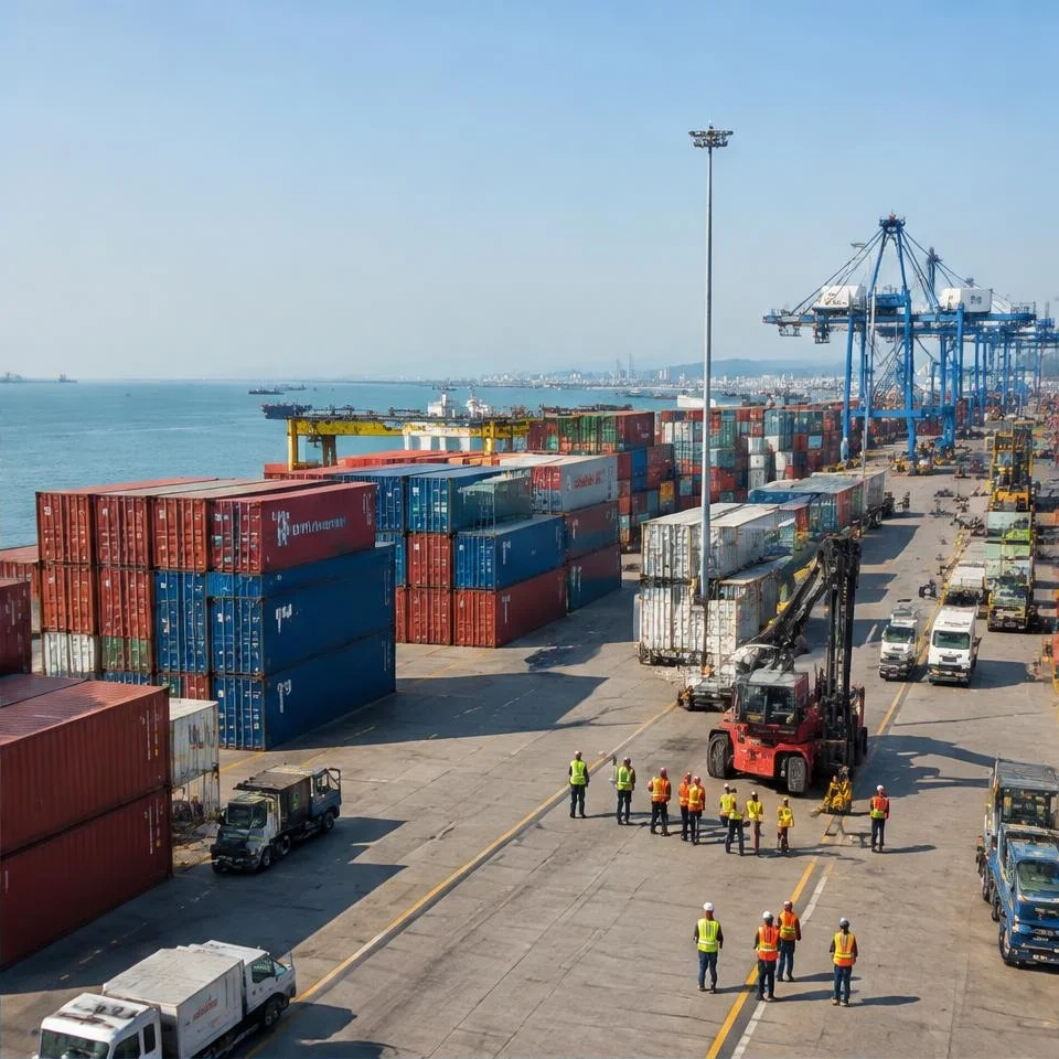 Container terminal with loading cranes, cargo containers and port operations
